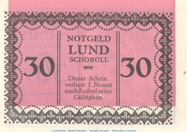 Notgeld Gemeinde Lund-Schobüll 844.2.b , 30 Pfennig Schein -Fehldruck- in kfr. o.D. Schleswig Holstein Seriennotgeld