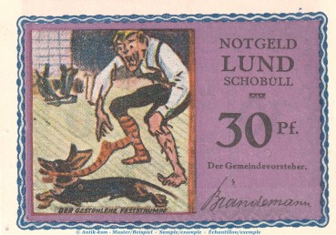 Preview: Notgeld Gemeinde Lund-Schobüll 844.2.b , 30 Pfennig Schein -Fehldruck- in kfr. o.D. Schleswig Holstein Seriennotgeld
