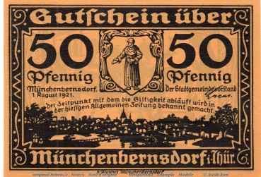 Preview: Notgeld Gemeinde Münchenbernsdorf 911.1 , 50 Pfennig Schein Nr 1 in kfr. von 1921 , Thüringen Seriennotgeld