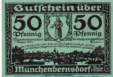 Preview: Notgeld Gemeinde Münchenbernsdorf 911.1 , 50 Pfennig Schein Nr 2 in kfr. von 1921 , Thüringen Seriennotgeld
