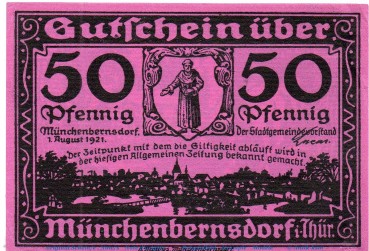 Preview: Notgeld Gemeinde Münchenbernsdorf 911.1 , 50 Pfennig Schein Nr 3 in kfr. von 1921 , Thüringen Seriennotgeld