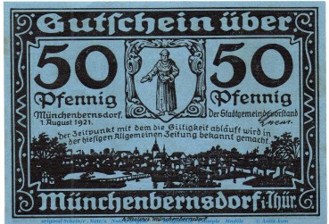 Preview: Notgeld Gemeinde Münchenbernsdorf 911.1 , 50 Pfennig Schein Nr 4 in kfr. von 1921 , Thüringen Seriennotgeld