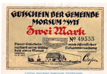 Preview: Notgeld Gemeinde Morsum - Sylt , 2 Mark Schein in kfr. von 1921 , Schleswig Holstein Seriennotgeld