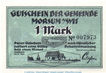 Preview: Notgeld Gemeinde Morsum-Sylt 900.1.a , 1 Mark Schein in kfr. von 1921 , Schleswig Holstein Seriennotgeld
