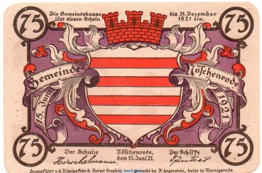Notgeld Gemeinde Nöschenrode 980.10 , 75 Pfennig Schein Nr 5 violett von 1921 , Sachsen Anhalt Seriennotgeld