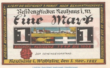 Notgeld Gemeinde Neuhaus 945.1 , 1 Mark Druckfehler Schein in kfr. von 1921 , Westfalen Seriennotgeld