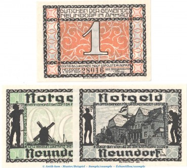 Notgeld Gemeinde Neundorf 955.1.a , Set mit 3 Scheinen in kfr. von 1921 , Sachen Anhalt Seriennotgeld