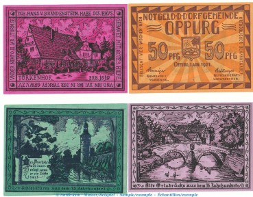 Notgeld Gemeinde Oppurg 1023.1.a , 90 x 65 Set mit 4 Scheinen o.Drfa in kfr. von 1921 , Thüringen Seriennotgeld