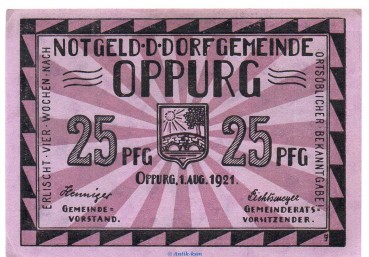 Notgeld Gemeinde Oppurg 1023.1.c , 25 Pfennig Schein 94 x 67 o. Drfa in kfr. von 1921 , Thüringen Seriennotgeld