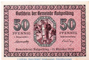 Notgeld Gemeinde Ruhpolding 6305.05.04 , 50 Pfennig Schein in kfr. von 1920 , Bayern Verkehrsausgabe