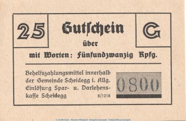 Notgeld Gemeinde Scheidegg i.Allg. 25 Pfennig Schein in kfr. o.D. Bayern Notgeld 1945-48