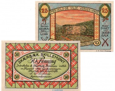 Notgeld Gemeinde Scherrebeck 1176.1.a , Set mit 2 Scheinen in kfr. von 1920 , dänisch Nordschleswig Seriennotgeld