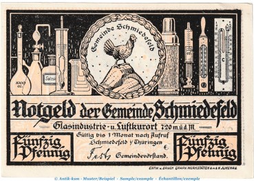 Notgeld Gemeinde Schmiedefeld , 50 Pfennig -Gelb-rosa- Nr.1 in kfr. o.D. , Thüringen Seriennotgeld