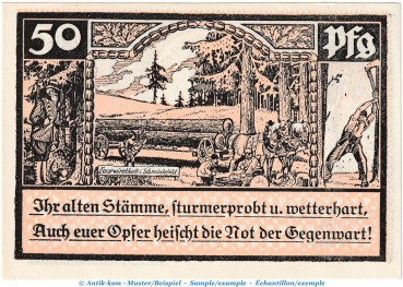 Preview: Notgeld Gemeinde Schmiedefeld , 50 Pfennig -Gelb-rosa- Nr.1 in kfr. o.D. , Thüringen Seriennotgeld