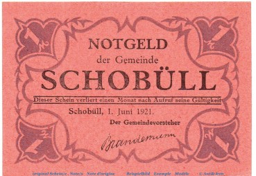 Notgeld Gemeinde Schobüll 1194.7.b , 1 Mark Schein rot in kfr. von 1921 , Schleswig Holstein Seriennotgeld