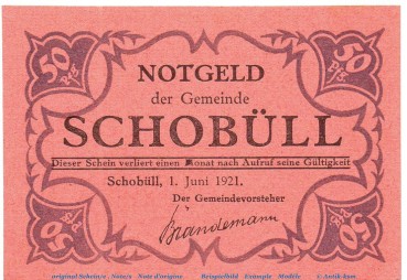 Notgeld Gemeinde Schobüll 1194.7.b , 50 Pfennig Schein rot in kfr. von 1921 , Schleswig Holstein Seriennotgeld