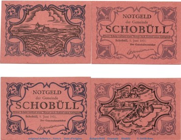 Notgeld Gemeinde Schobüll 1194.7 , Set mit 4 Scheinen rot in kfr. von 1921 , Schleswig Holstein Seriennotgeld