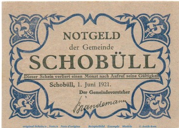 Notgeld Gemeinde Schobüll 1194.8 , 25 Pfennig Schein grau in kfr. von 1921 , Schleswig Holstein Seriennotgeld