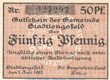 Notgeld Gemeinde Stadtlengsfeld , 50 Pfennig Schein in kfr. Tieste 7055.05.32 von 1917 , Sachsen Verkehrsausgabe
