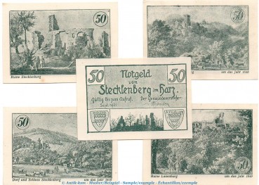 Notgeld Gemeinde Stecklenberg 1258.2 , Set mit 5 Scheinen in kfr. von 1921 , Sachsen Anhalt Seriennotgeld