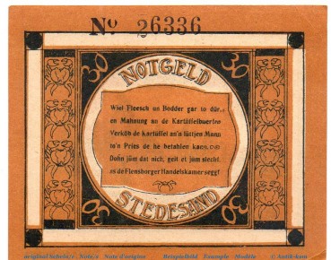 Notgeld Gemeinde Stedesand 1259.1.b , 30 Pfennig Kennummer oben in kfr. von 1920 , Schleswig Holstein Seriennotgeld