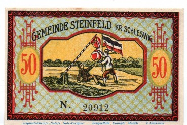 Notgeld Gemeinde Steinfeld 1262.2 , 50 Pfennig Schein , Fehldruck N , in kfr. von 1920 , Schleswig Holstein Seriennotgeld