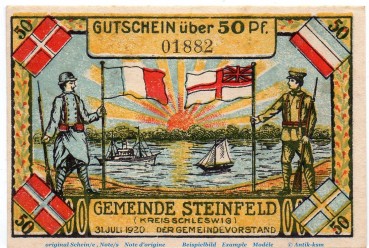 Notgeld Gemeinde Steinfeld 1262.3 , 50 Pfennig Nr 2 , Fehldruck No , in kfr. von 1920 , Schleswig Holstein Seriennotgeld