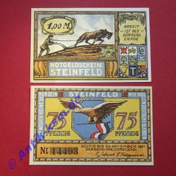 Notgeld Gemeinde Steinfeld , Schleswig Holstein , vollständiger Satz mit 2 Scheinen in kassenfrischer Erhaltung , Seriennotgeld , 1262.6 , von 1922