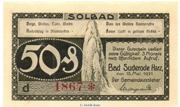 Notgeld Gemeinde Suderode 1292.1.b.2 , 50 Pfennig Fehldruck -d- in kfr. von 1921 Sachsen Anhalt Seriennotgeld