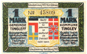 Notgeld Gemeinde Tingleff 1325.1.a , 1 Mark Schein in kfr. von 1920 , Dänisch Nordschleswig Seriennotgeld