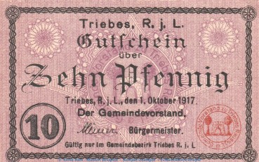Notgeld Gemeinde Triebes , 10 Pfennig Schein in kfr. Tieste 7450.05.10 , von 1917 , Thüringen Verkehrsausgabe
