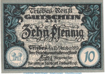 Notgeld Gemeinde Triebes , 10 Pfennig Schein in kfr. Tieste 7450.05.26 von 1919 , Thüringen Verkehrsausgabe