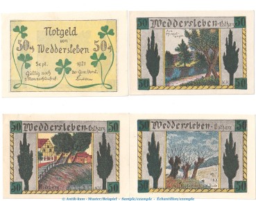 Notgeld Gemeinde Weddersleben 1386.3 , Set mit 4 Scheinen in kfr. von 1921 , Sachsen Anhalt Seriennotgeld