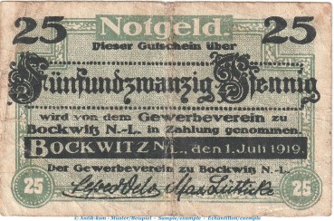 Notgeld Gewerbeverein Bockwitz , 25 Pfennig Schein in gbr. Tieste 0795.05.02 von 1919 , Brandenburg Verkehrsausgabe