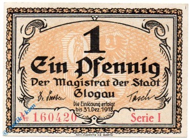 Notgeld Glogau , 1 Pfennig Schein , Serie 1 , Tieste 2280.05.01 , Schlesien Verkehrsausgabe