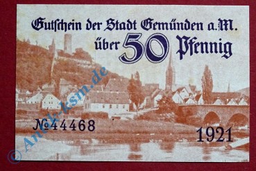 Notgeld Gmünden , Schein über 50 Pfennig , Tieste 2170.50 , von 1921 , Bayern Verkehrsausgabe