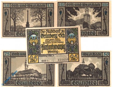 Notgeld Grünberg , Set mit 5 Scheinen , Bauten , Mehl Grabowski 490.1 , Schlesien Seriennotgeld