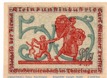 Preview: Notgeld Großbreitenbach Tesselt 477.1.a , 50 Pfennig Schein Kn schwarz in kfr. o.D. Thüringen Seriennotgeld