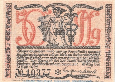 Notgeld Großbreitenbach Tesselt 477.2 , 50 Pfennig -Wasserliniert- in kfr. o.D. Thüringen Seriennotgeld
