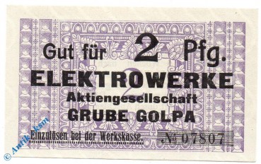 Notgeld Grube Golpa , Elektrowerke , 2 Pfennig Schein , Tieste 2355.05.41 , Sachsen Verkehrsausgabe