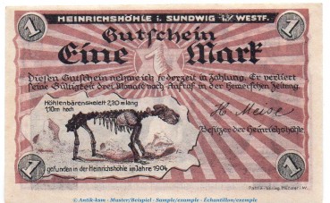 Notgeld H.Meise Heinrichshöhle Sundwig 1305.1 , 1 Mark Schein in kfr. o.D. Westfalen Seriennotgeld