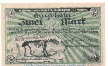 Notgeld H.Meise Heinrichshöhle Sundwig 1305.1 , 2 Mark Schein in kfr. o.D. Westfalen Seriennotgeld