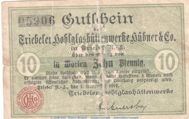 Notgeld Hübner und Co. Triebel , 10 Pfennig Schein in gbr. Tieste 7445.05.04 von 1919 , Brandenburg Verkehrsausgabe
