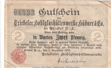 Notgeld Hübner und Co. Triebel , 2 Pfennig Schein in gbr. Tieste 7445.05.02 von 1919 , Brandenburg Verkehrsausgabe