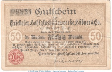 Notgeld Hübner und Co. Triebel , 50 Pfennig Schein in gbr. Tieste 7445.05.06 von 1919 , Brandenburg Verkehrsausgabe