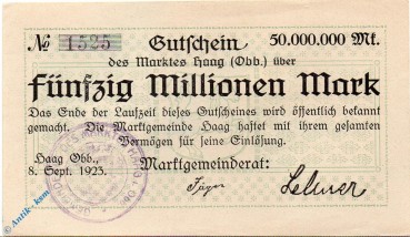 Notgeld Haag , 50 Millionen Mark Schein f-kfr , Keller 2028.h , 08.09.1923 , Bayern Großnotgeld