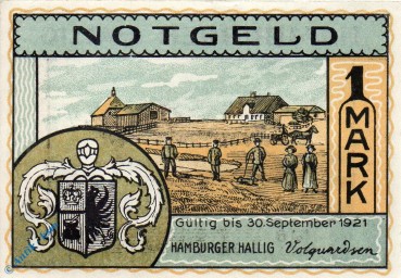 Notgeld Hamburger Hallig , Volquardsen , 1 Mark Schein in kfr. gelb , Mehl Grabowski 564.1 , von 1921 , Hamburg Seriennotgeld