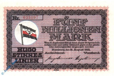 Notgeld Hamburg , Stinnes Linien , 5 Millionen Mark Schein , Keller 2135 a , 18.08.1923 , Hamburg Großnotgeld Notgeld Hamburg , Stinnes Linien , 5 Millionen Mark Schein , Keller 2135 a , 18.08.1923 , Hamburg Großnotgeld