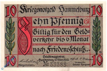 Notgeld Hammelburg , 10 Pfennig Schein , Papier weiß , Tieste 2785.05.01 , 10.03.1918 , Bayern Verkehrsausgabe
