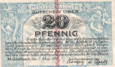 Notgeld Handelskammer M. Gladbach , 20 Pfennig Schein in kfr. Tieste 4710.05.05 von 1917 , Rheinland Verkehrsausgabe